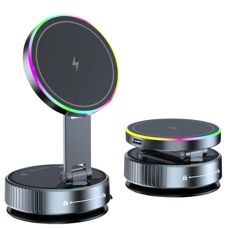 15W Vacuum Suction Cooling Magnetic Wireless Charger Car Phone Holder Mount 360 Rotatable Compatible with Smartphones for Iphone