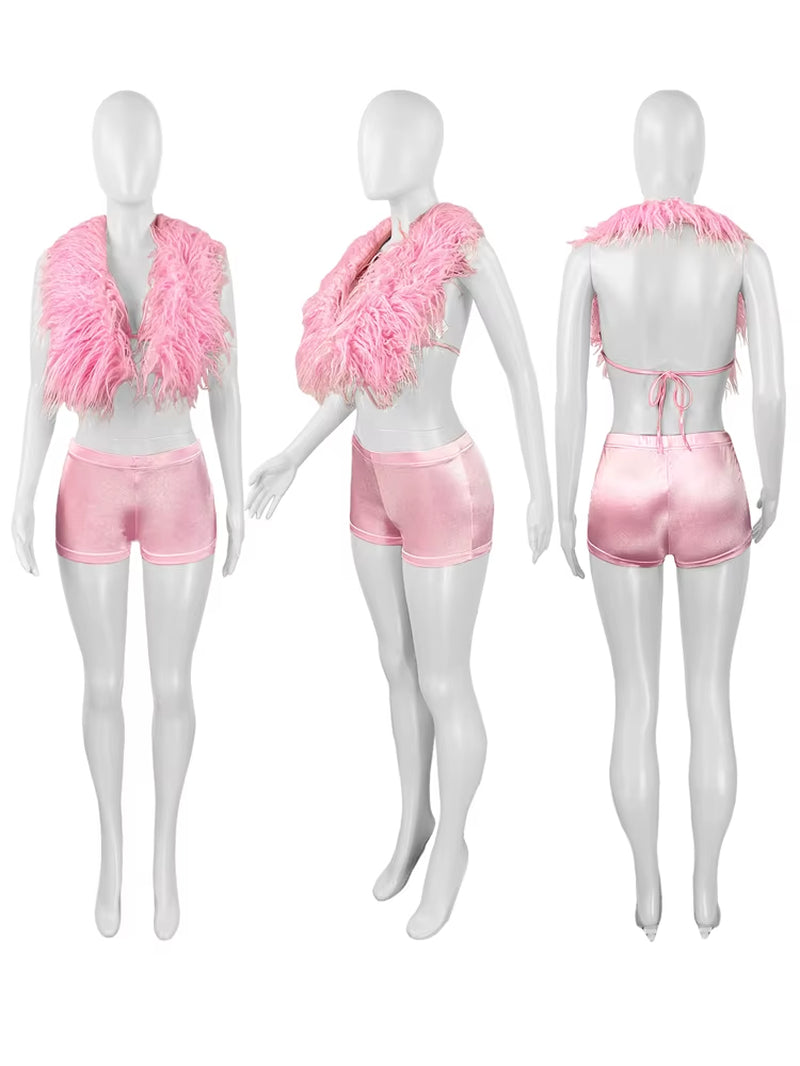 Luxury Fur Patchwork 2 Pieces Set for Woman Outfit Summer 2025 New Tank Top and Stretch Shorts Midnight Club Wear Party Suits